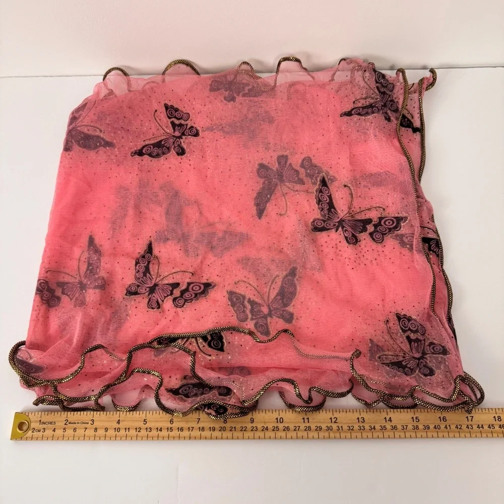 Butterfly Print Mesh Scarf Women OS Pink Sleeveless Glitter Lettuce Edge Sheer